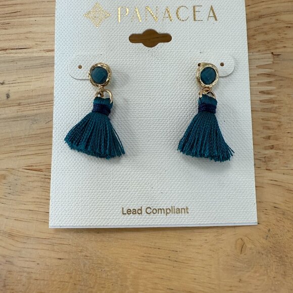 Panacea Teal Tassel Drop Earrings With Gold Accents - Picture 2 of 9